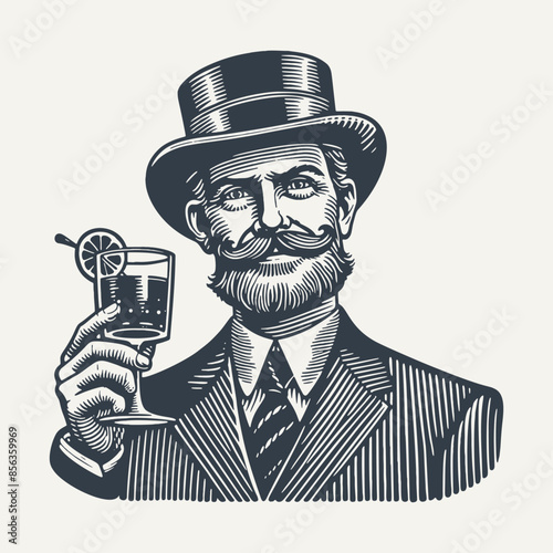 Gentleman with Beard Holding Glass of Cocktail. Vintage woodcut engraving style vector illustration.