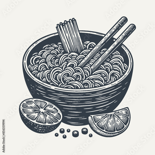 Ramen Noodles in a Bowl. Vintage woodcut engraving style vector illustration.