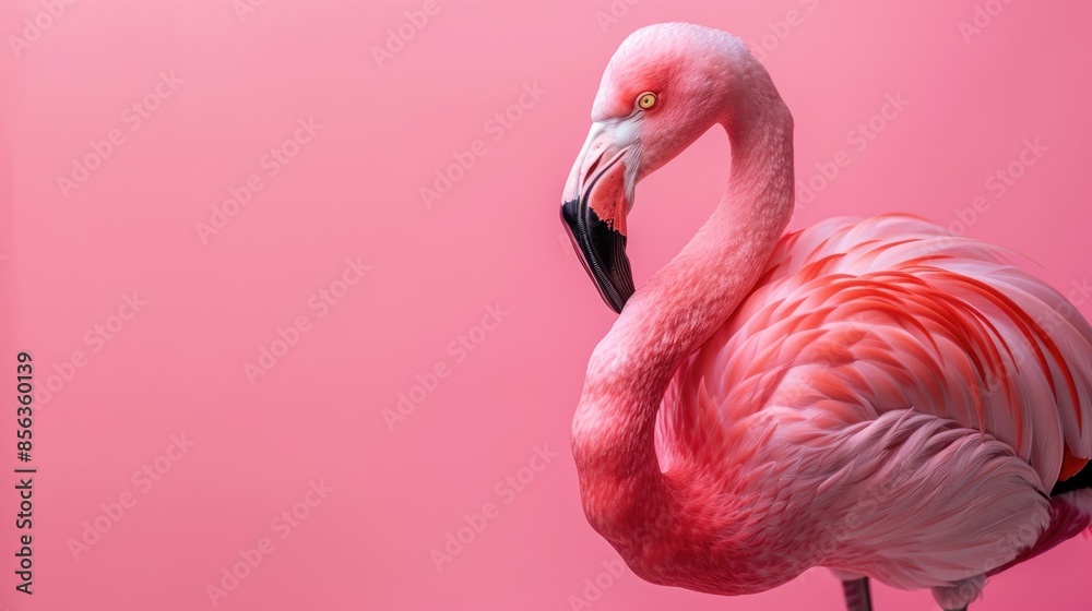 Fototapeta premium Pink Flamingo stationary on pink surface with space for writing