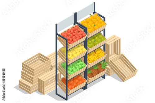 Isometric Fruts Sale. Farmer sells fresh Fruts. Natural fresh products. Sellers and marketing concept. Farmer market. Fresh fruit for sale at a market