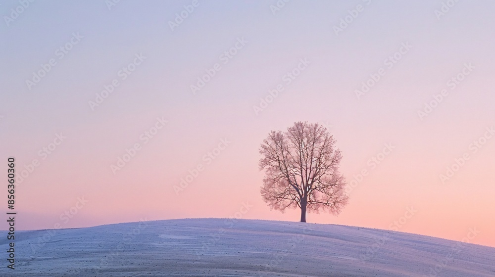 A lone tree standing on a hill at sunset, with the sky filled with subtle pastel colors A lone tree standing on a hill at sunset, with the sky filled with subtle pastel colors