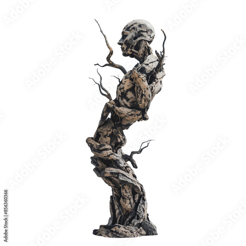 Abstract Human Figure Sculpture Merged with Tree Branches, PNG, isolated on transparent background.