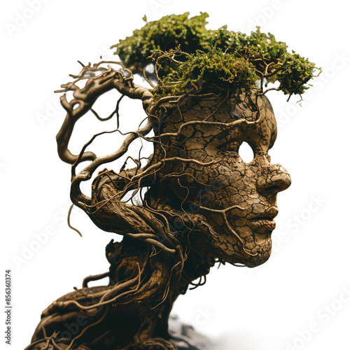 Intricate Sculpture of a Human Face with Tree Branches and Moss, PNG, isolated on transparent background.