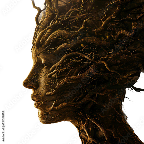 Artistic Sculpture of a Human Face Merged with Tree Roots, PNG, isolated on transparent background.