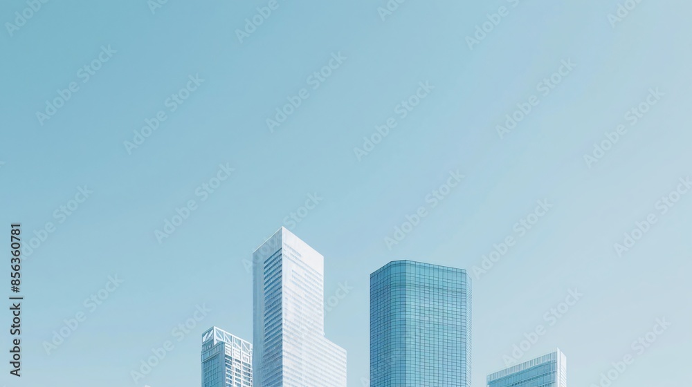 A minimalistic skyline with just a few clean, modern buildings against a clear blue sky A minimalistic skyline with just a few clean, modern buildings against a clear blue sky