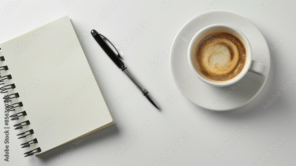 A minimalistic office setup with a single notebook, a pen, and a cup of coffee on a clean desk A minimalistic office setup with a single notebook, a pen, and a cup of coffee on a clean desk