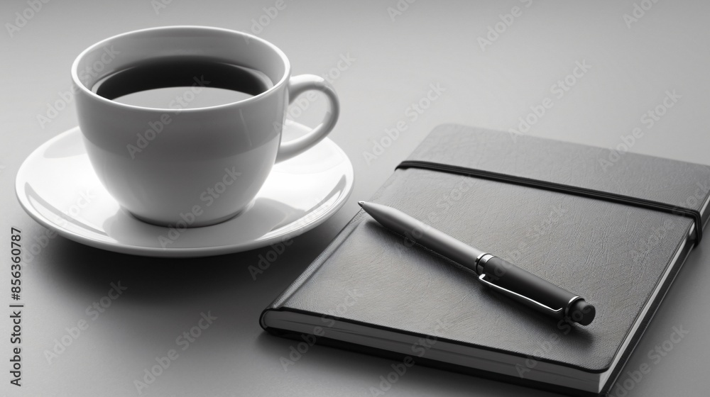 A minimalistic office setup with a single notebook, a pen, and a cup of coffee on a clean desk A minimalistic office setup with a single notebook, a pen, and a cup of coffee on a clean desk