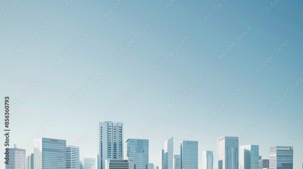 A minimalistic skyline with just a few clean, modern buildings against a clear blue sky A minimalistic skyline with just a few clean, modern buildings against a clear blue sky