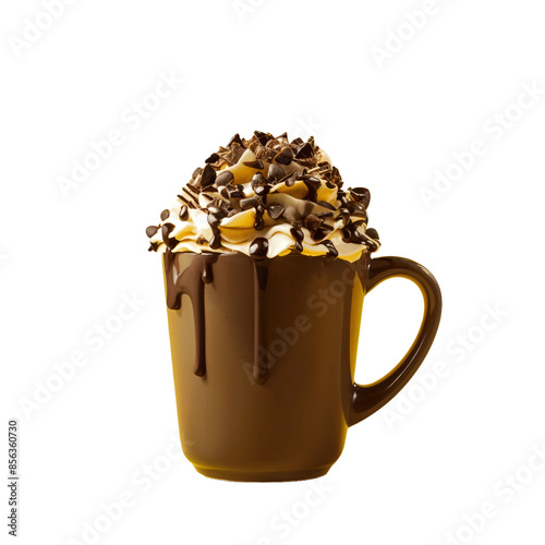 Delicious hot chocolate mug with whipped cream and drizzles.