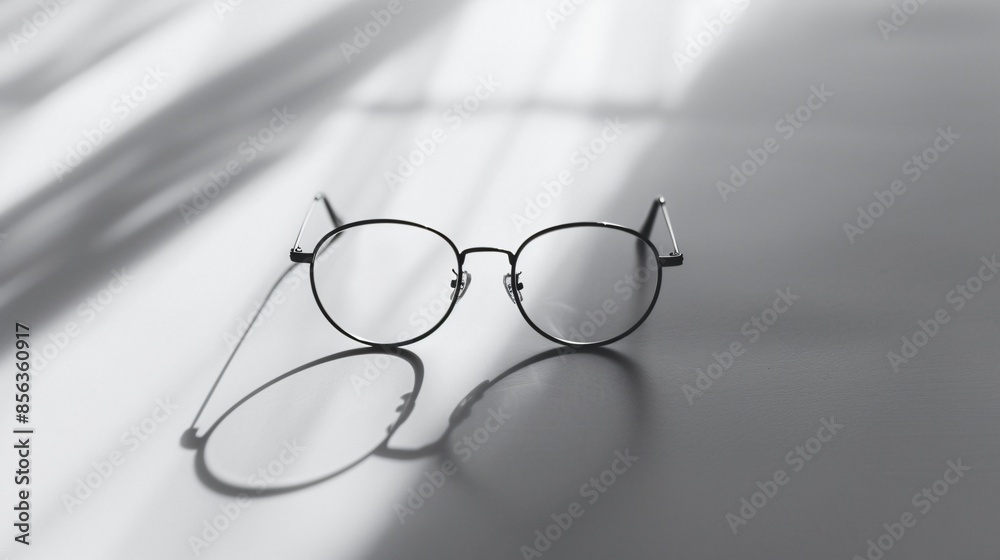 A pair of minimalist eyeglasses on a plain, white surface, casting a soft shadow A pair of minimalist eyeglasses on a plain, white surface, casting a soft shadow