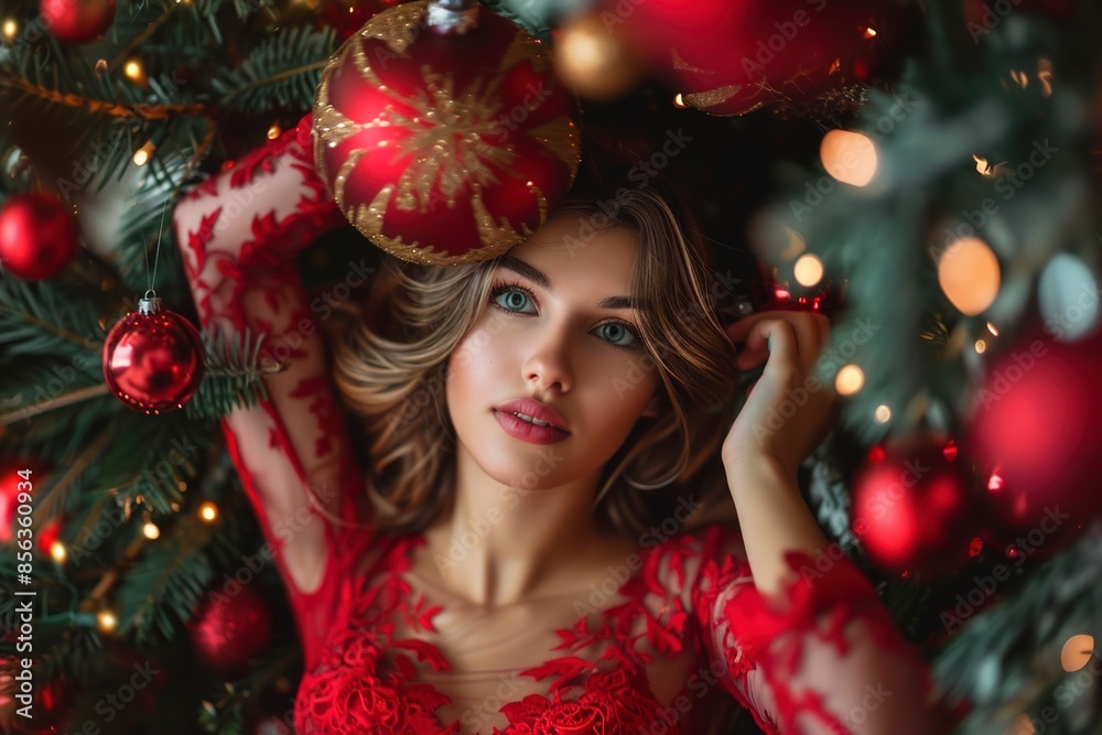 Beautiful young woman with red dress and big christmas Beautiful young woman with red dress and big christmas