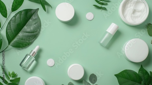 Travel size cosmetic products arranged on green background Ample space for creativity Flat lay display of creams and cotton pads from above