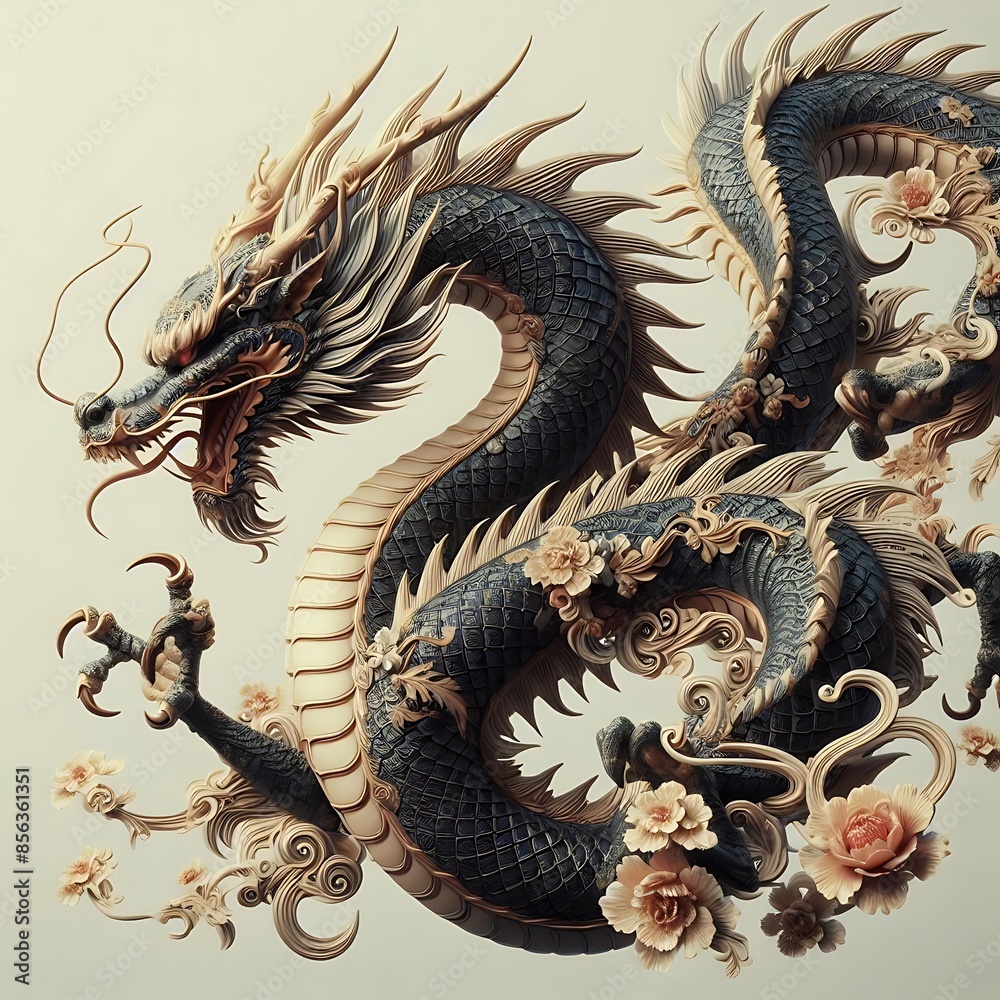 Fototapeta premium Chinese Dragon Sculpture with Floral Decorations
