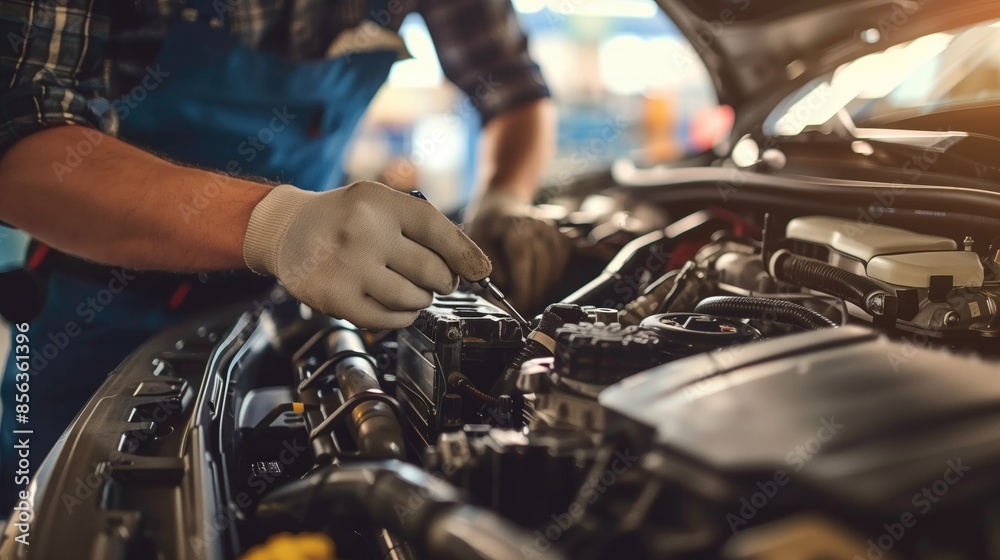 closeup male mechanic hands repairing car engine closeup male mechanic hands repairing car engine