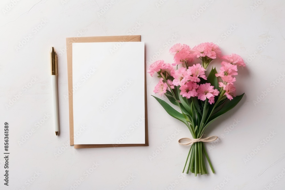 Blank card on the table and bouquet of pink flowers next to it. Copy space. Love letter concept
Blank card on the table and bouquet of pink flowers next to it. Copy space. Love letter concept