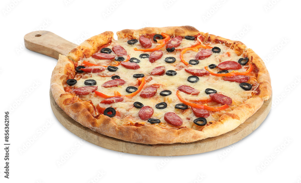 Tasty pizza with cheese, dry smoked sausages, olives and pepper isolated on white Tasty pizza with cheese, dry smoked sausages, olives and pepper isolated on white