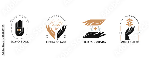 Minimalist modern logos collection. Geometrical retro concept design with flowers, hands, birds and aesthetic clean graphic symbols and icons