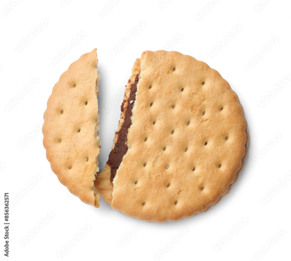 Broken tasty sandwich cookie isolated on white, top view Broken tasty sandwich cookie isolated on white, top view