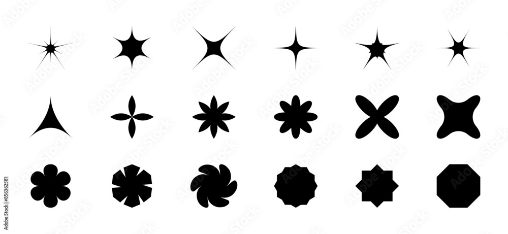 Set of Full Icon - stars, flowers, sparks and polygon. Abstract design Elements. Swirl, triangle, flash. Collection black geometric shapes. Y2k aesthetic. Label, banges. Isolated. Vector illustration Set of Full Icon - stars, flowers, sparks and polygon. Abstract design Elements. Swirl, triangle, flash. Collection black geometric shapes. Y2k aesthetic. Label, banges. Isolated. Vector illustration