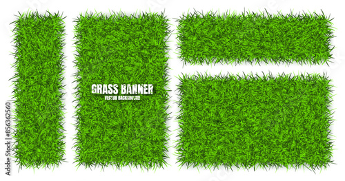 Green grass banners, background. Field, meadow texture, grassy landscape. Football playing pitch, soccer field. Sports ground, stadium. Ecology and environment protection. Vector illustration.
