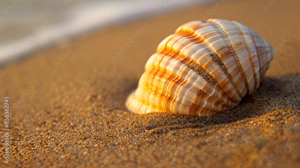 A close up of a single, perfectly symmetrical seashell on a smooth, sandy beach A close up of a single, perfectly symmetrical seashell on a smooth, sandy beach