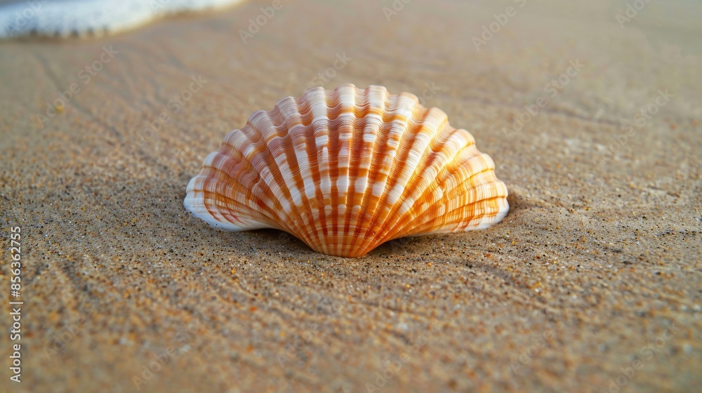 A close up of a single, perfectly symmetrical seashell on a smooth, sandy beach