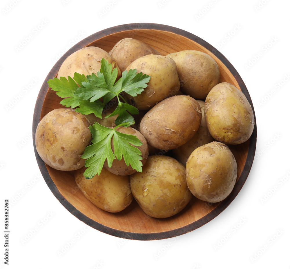 Boiled young potatoes and parsley in bowl isolated on white, top view Boiled young potatoes and parsley in bowl isolated on white, top view