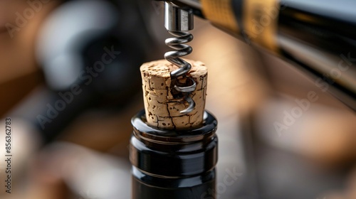 A detailed shot of a wine cork being removed from a bottle, with the corkscrew in action and the label in focus photo