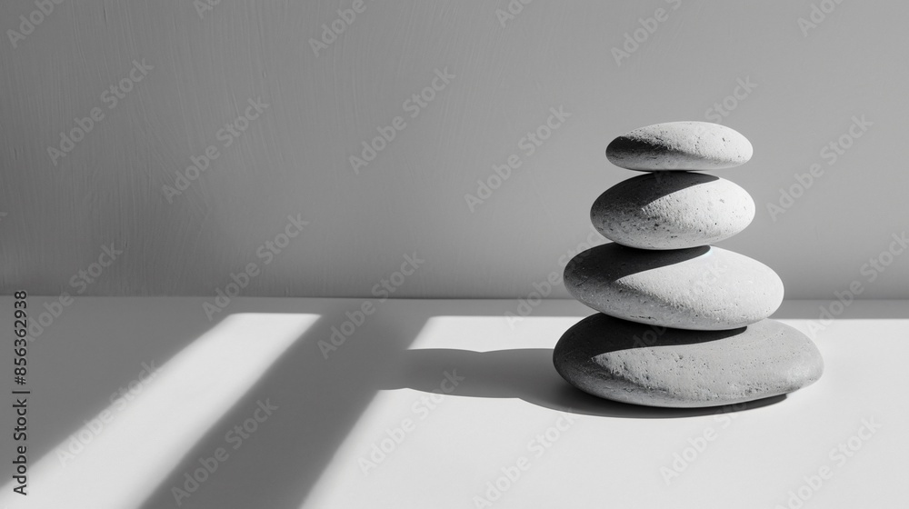 A minimalist still life of three pebbles stacked on top of each other, casting soft shadows on a white surface A minimalist still life of three pebbles stacked on top of each other, casting soft shadows on a white surface