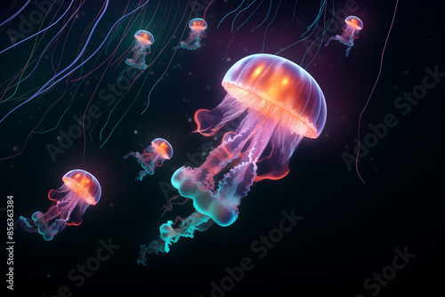 Neon Jellyfish Floating in Dark Ocean © Tatiana