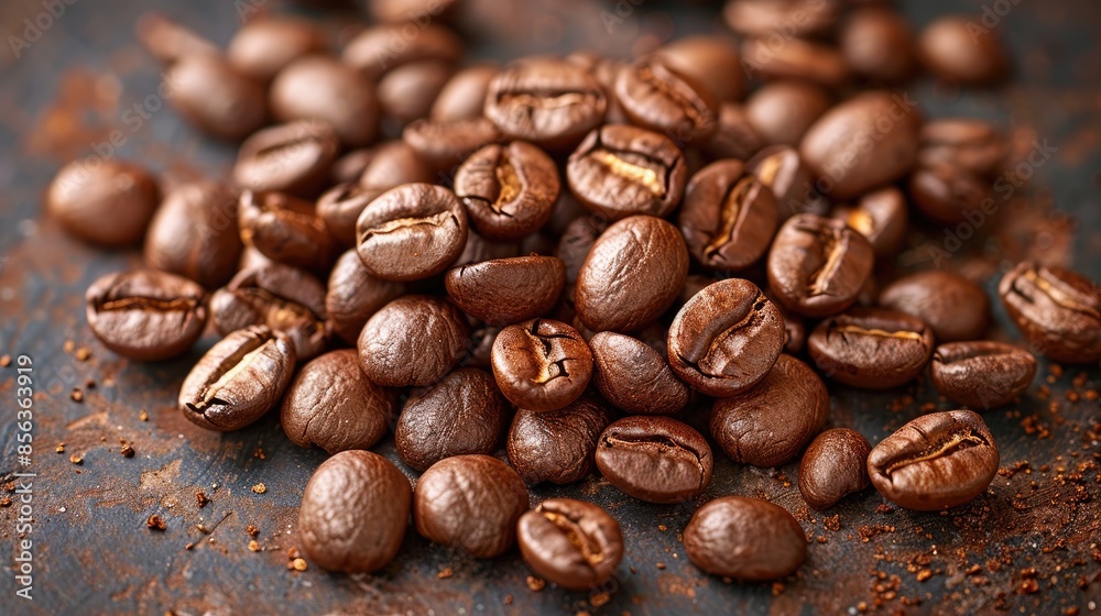 Naklejka premium Coffee beans roasted and stacked on table