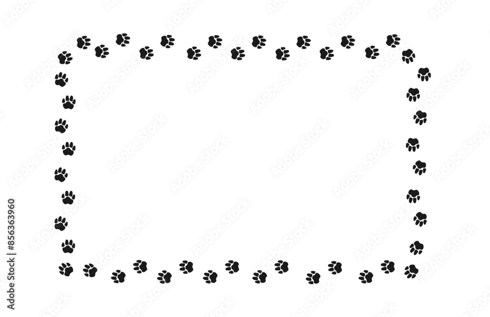 Rectangular frame with pet paw print. Black silhouette of a path of dog or cat footprints . Frame with pet footprints for design of shop windows, websites, etc. Vector illustration. Rectangular frame with pet paw print. Black silhouette of a path of dog or cat footprints . Frame with pet footprints for design of shop windows, websites, etc. Vector illustration.