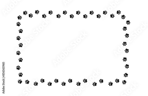 Rectangular frame with pet paw print. Black silhouette of a path of dog or cat footprints . Frame with pet footprints for design of shop windows, websites, etc. Vector illustration.