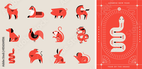 Chinese horoscope zodiac collection, geometric minimalist style. Animals symbols of Chinese New year . Set of mascots: rabbit, dragon, snake, tiger, ox, rat, pig, dog, rooster, monkey, goat, horse