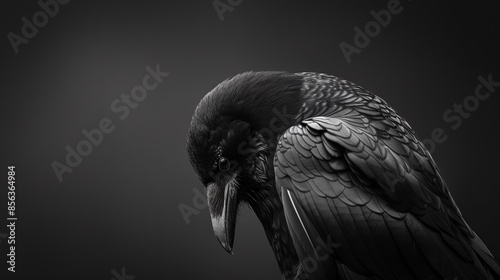 A sad black crow is looking down at the camera