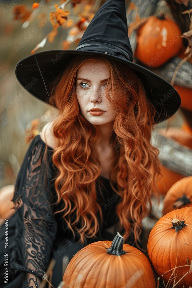Beautiful red-haired witch casts a spell over pumpkins. Beautiful red-haired witch casts a spell over pumpkins.