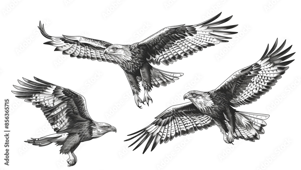 Fototapeta premium Vintage engrave isolated eagle set, illustration ink sketch, Wild falcon background hawk art, transparent background, removed background