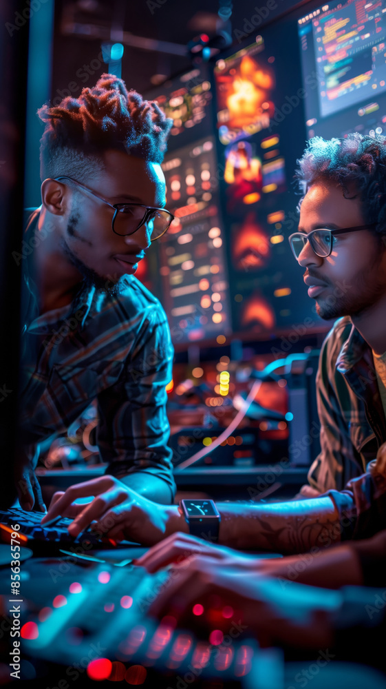 Game Developer Explains Testing Process to African Worker in Nighttime Studio Game Developer Explains Testing Process to African Worker in Nighttime Studio