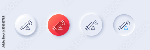 Vaccine attention line icon. Neumorphic, Red gradient, 3d pin buttons. Vaccination syringe warning sign. Jab symbol. Line icons. Neumorphic buttons with outline signs. Vector