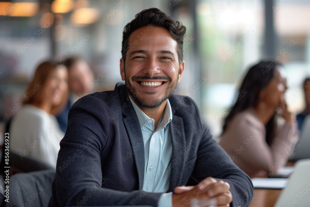 Smiling Latin Manager Working With Diverse Colleagues in Modern Office Setting Smiling Latin Manager Working With Diverse Colleagues in Modern Office Setting