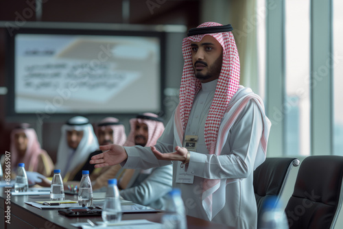 Saudi Operations Manager Delivering a Presentation in a Modern Office