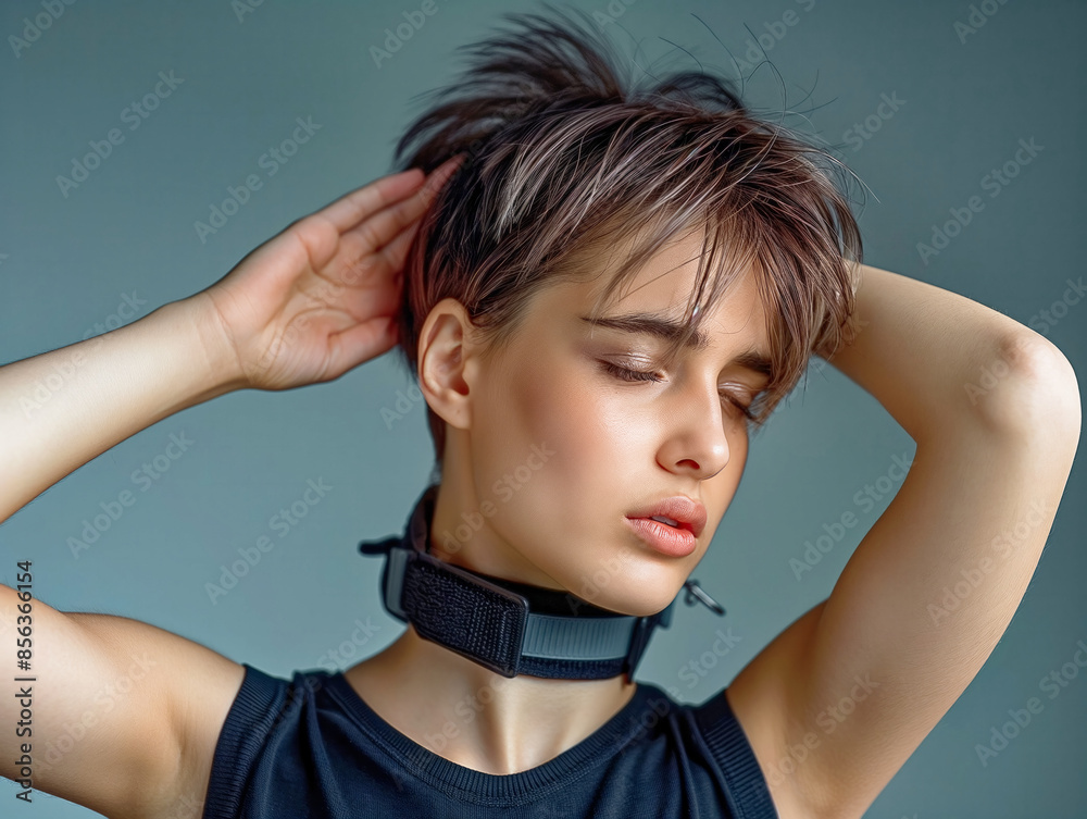 A woman with short hair is wearing a black shirt and a black band around her neck. She is looking down at her face A woman with short hair is wearing a black shirt and a black band around her neck. She is looking down at her face