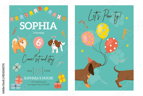Birthday pawty invitation template with dogs. Hand-drawn Cavalier king charles spaniel, Pomeranian Spitz and Dachshund with balloons and gifts. Happy bday concept. Vector illustration for party, event
