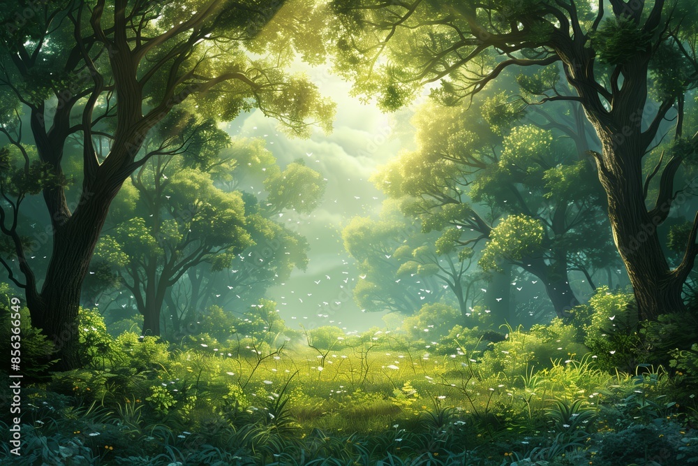 Sunlit Forest Path With Lush Greenery and Flying Insects Sunlit Forest Path With Lush Greenery and Flying Insects