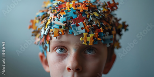 Close-up of a boy's head. Multi-Coloured jigsaw puzzle pieces cover the top of the head. Autistic theme