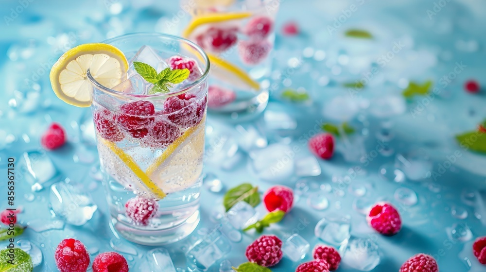 Cold lemonade with raspberries, lemon slices, and mint leaves on blue surface Cold lemonade with raspberries, lemon slices, and mint leaves on blue surface
