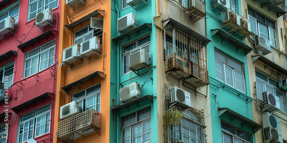 Focus on air conditioning units on the exterior of an apartment block in a busy city Focus on air conditioning units on the exterior of an apartment block in a busy city