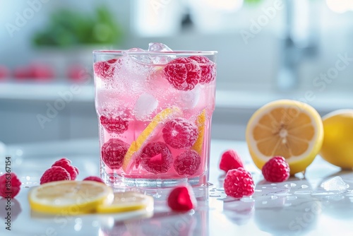 Pink raspberry lemonade with lemon and ice