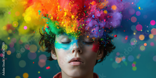 Selective focus on a person coping with the world around them. Autistic theme with exploding colours swirling around