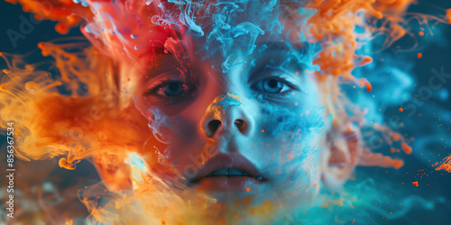 Selective focus on a person coping with the world around them. Autistic theme with exploding colours swirling around
